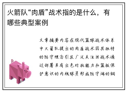 火箭队“肉盾”战术指的是什么，有哪些典型案例